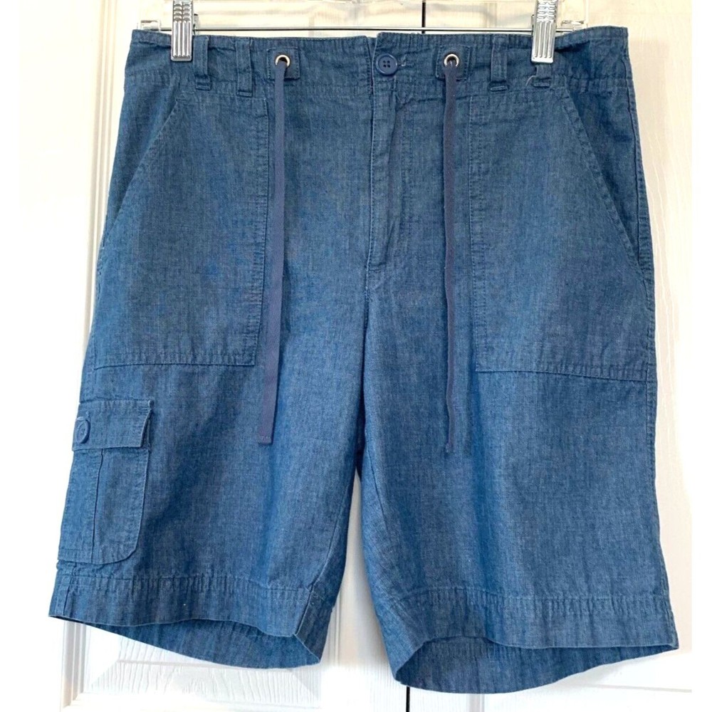 Basic Editions Cargo Shorts Women S/C Chambray Elastic Back Waist Front Draw Tie